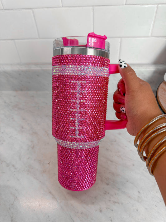 Pink Football Bling Rhinestone Tumbler