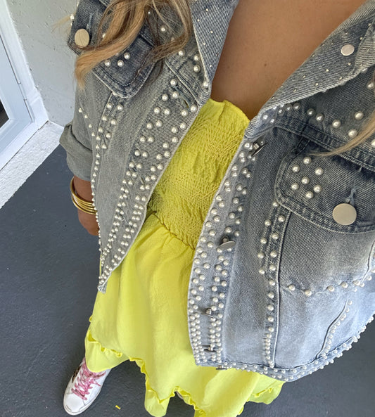 Oversized Pearl Studded Denim Jacket