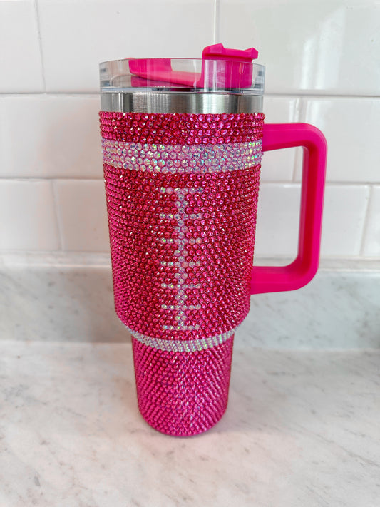 Pink Football Bling Rhinestone Tumbler