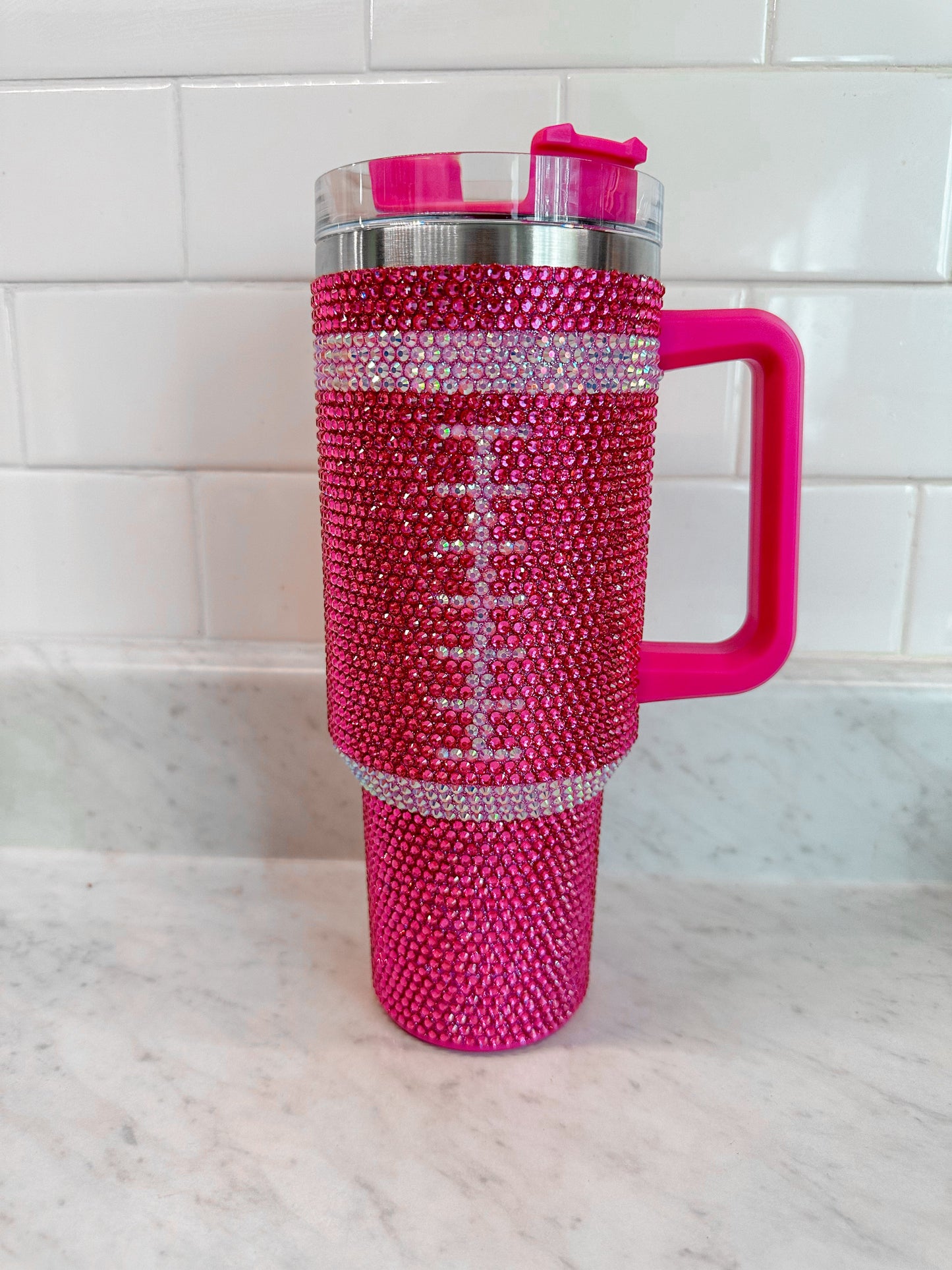 Pink Football Bling Rhinestone Tumbler