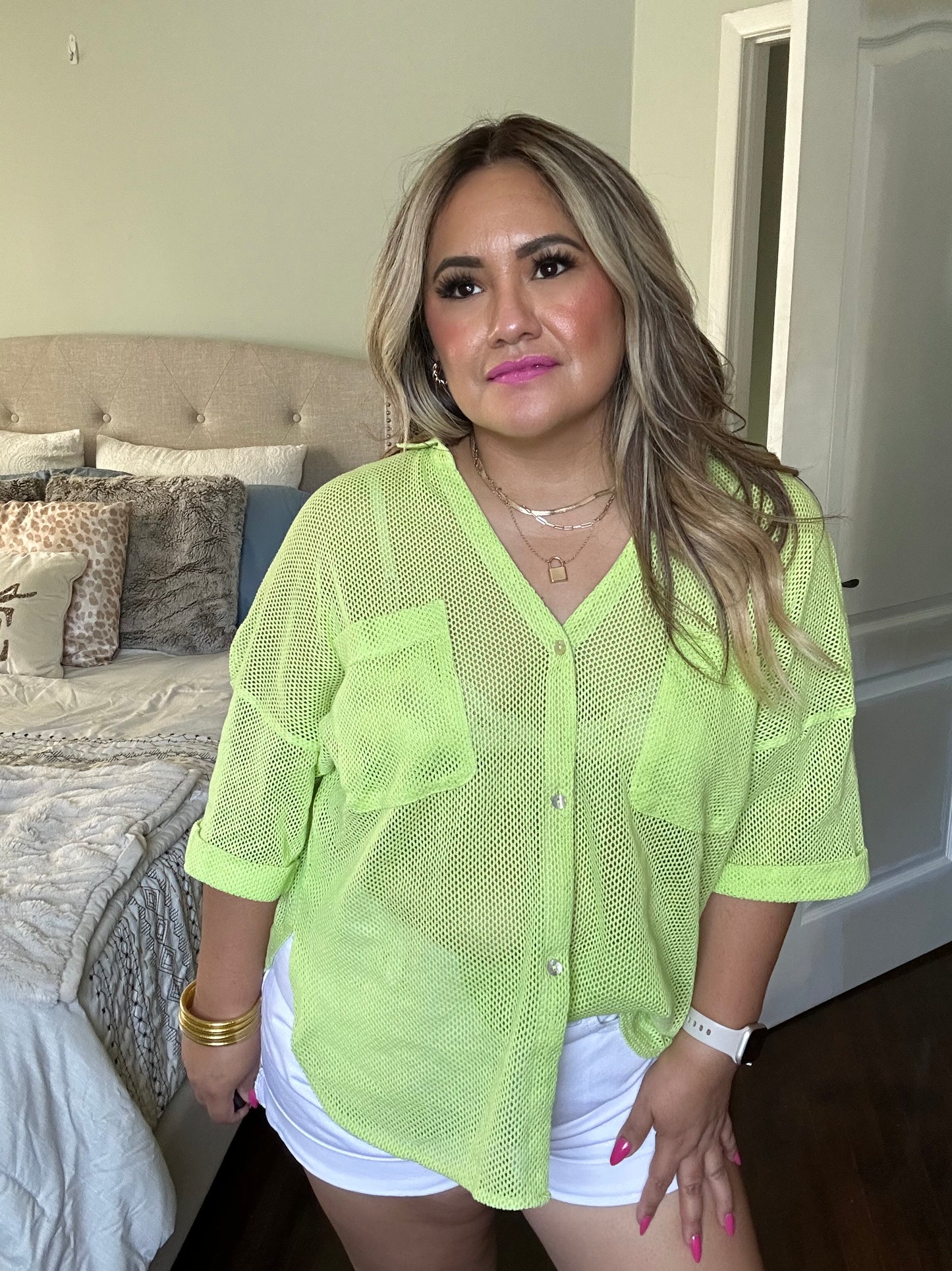 Neon Lime Mesh Button Up Top