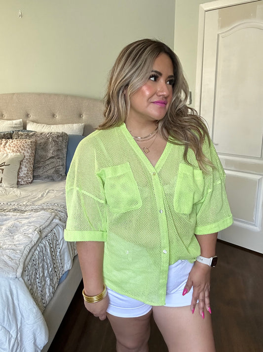 Neon Lime Mesh Button Up Top