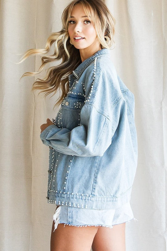Oversized Pearl Studded Denim Jacket