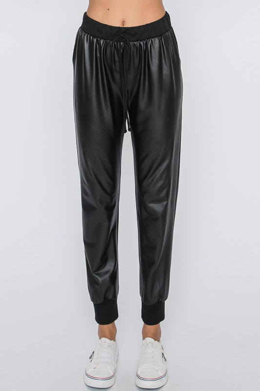Black Faux Leather Jogger Pants