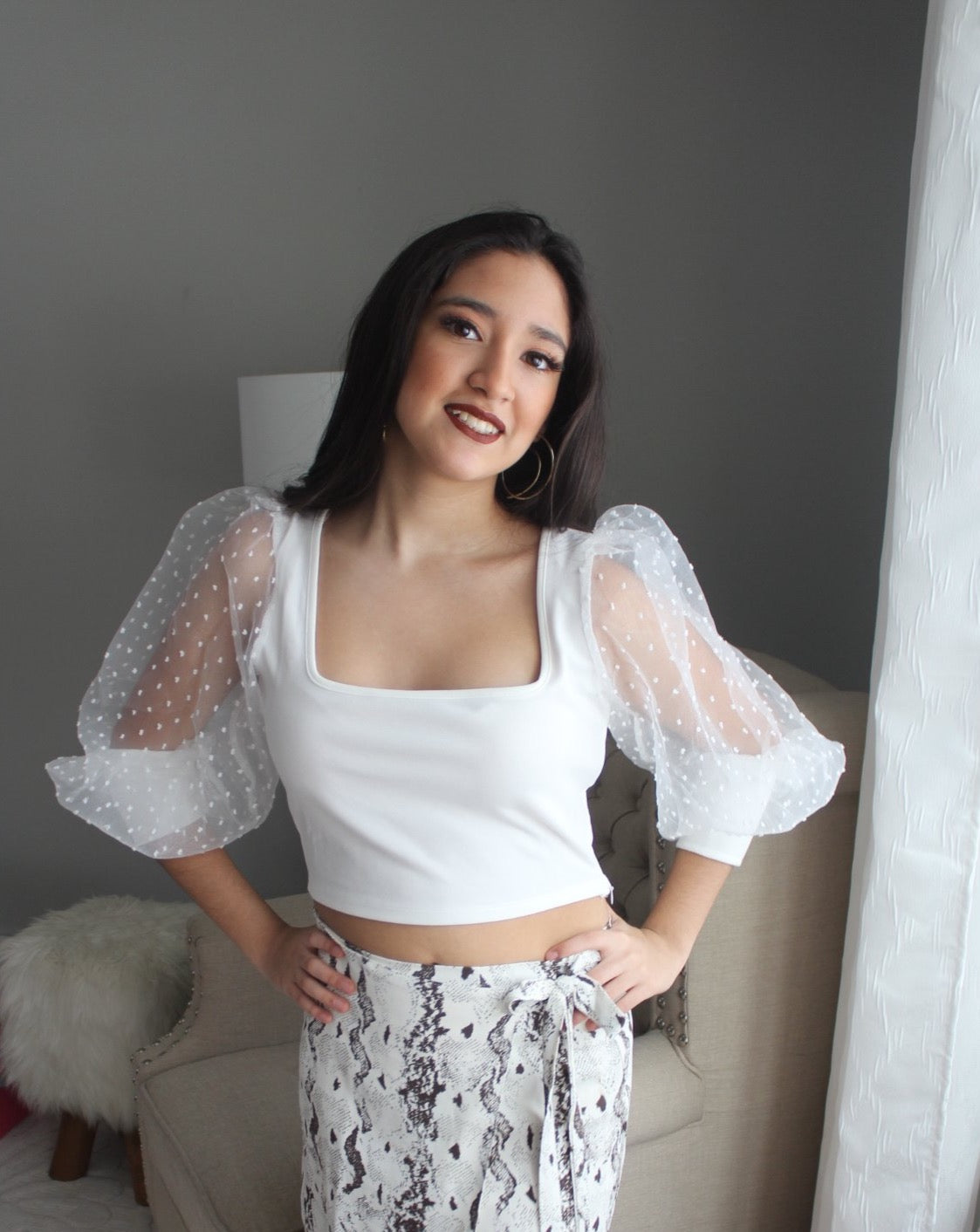 Sheer Swiss Dot Sleeve Crop Top - White