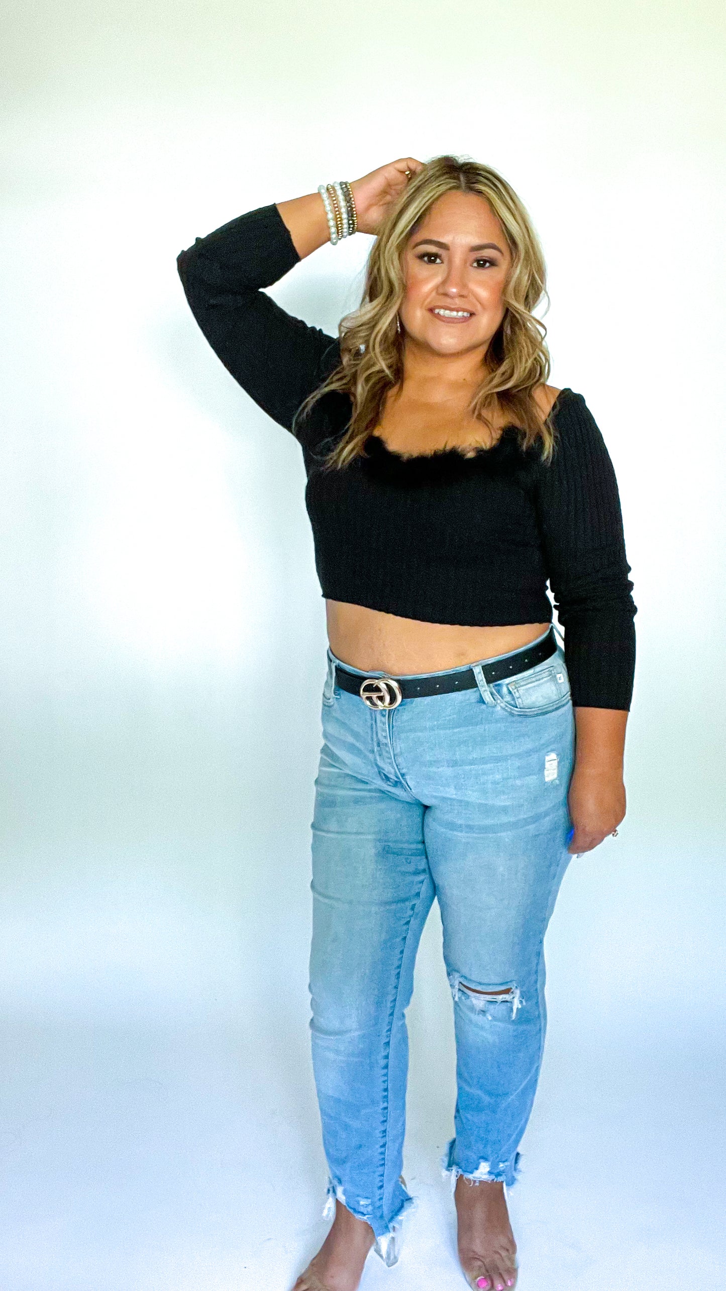 Feather Trim Ribbed Knit Top