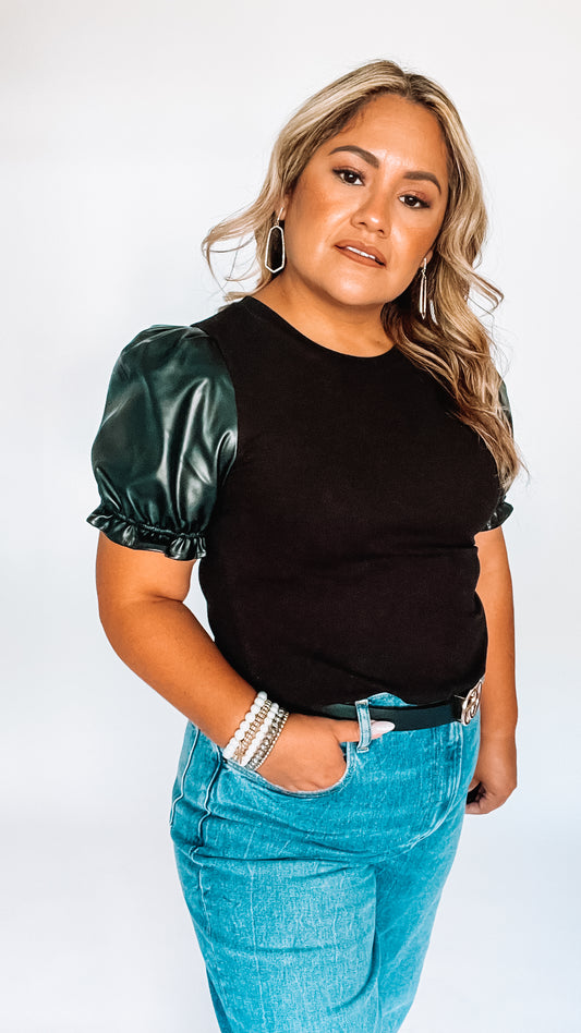 Faux Leather Puff Sleeve Knit Top