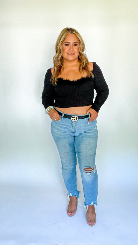 Feather Trim Ribbed Knit Top