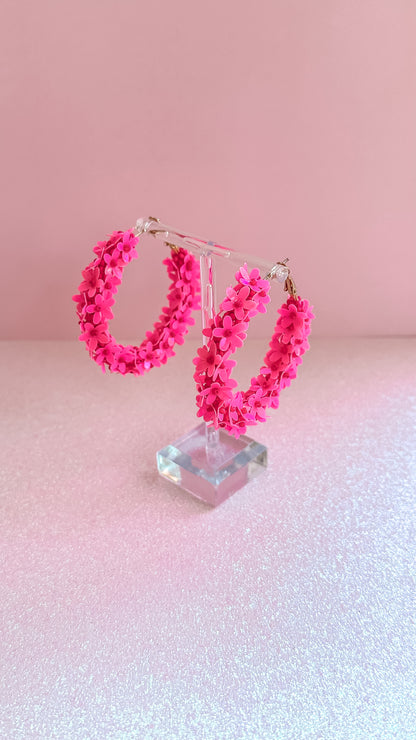 Hot Pink Floral Hoop Earrings