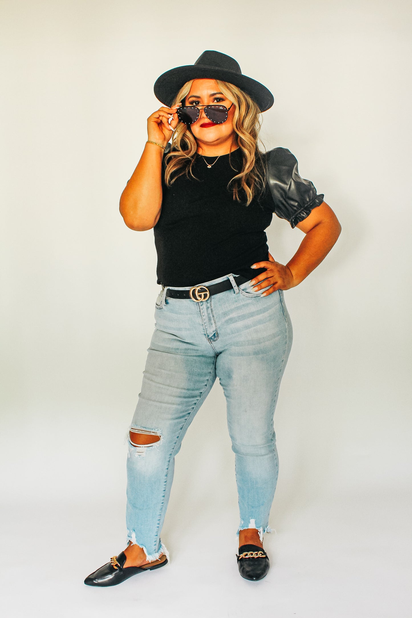 Faux Leather Puff Sleeve Knit Top