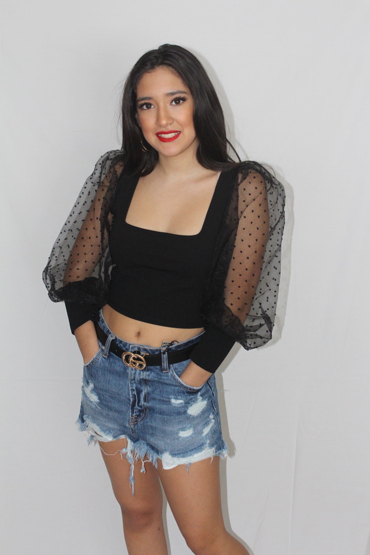 Sheer Swiss Dot Sleeve Crop Top - Black
