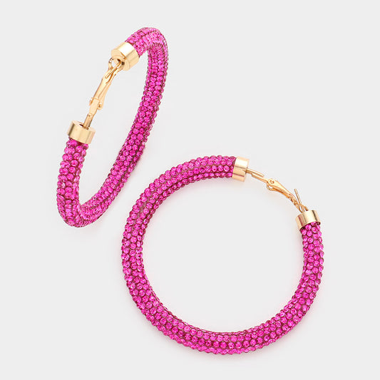 Rhinestone Big Hoop Earrings - Pink