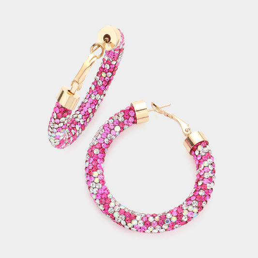 Rhinestone Hoop Earrings - Pink