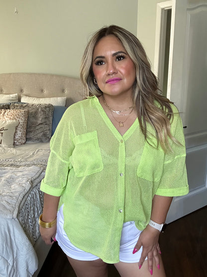 Neon Lime Mesh Button Up Top