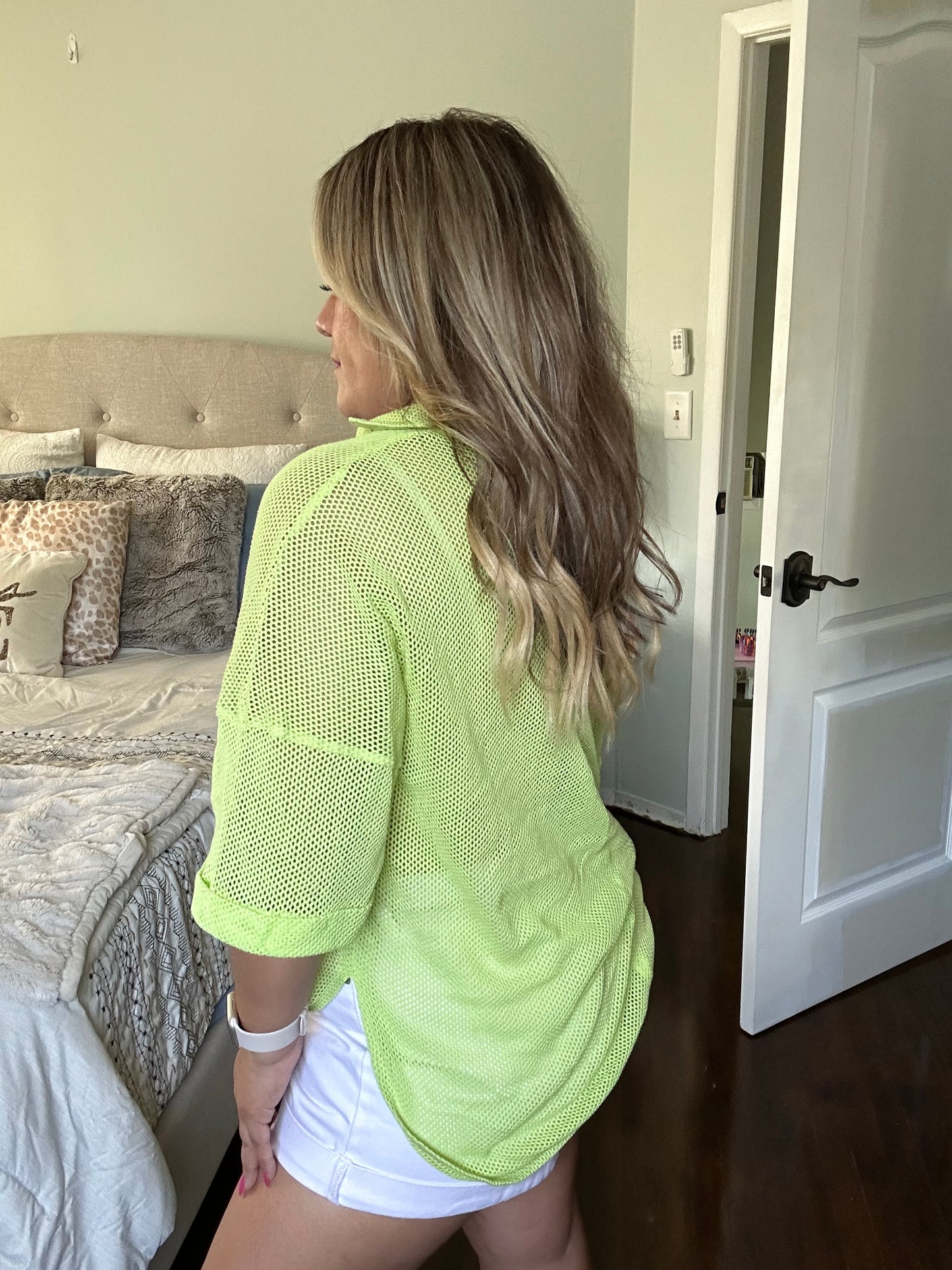 Neon Lime Mesh Button Up Top