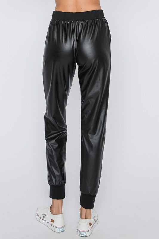 Black Faux Leather Jogger Pants