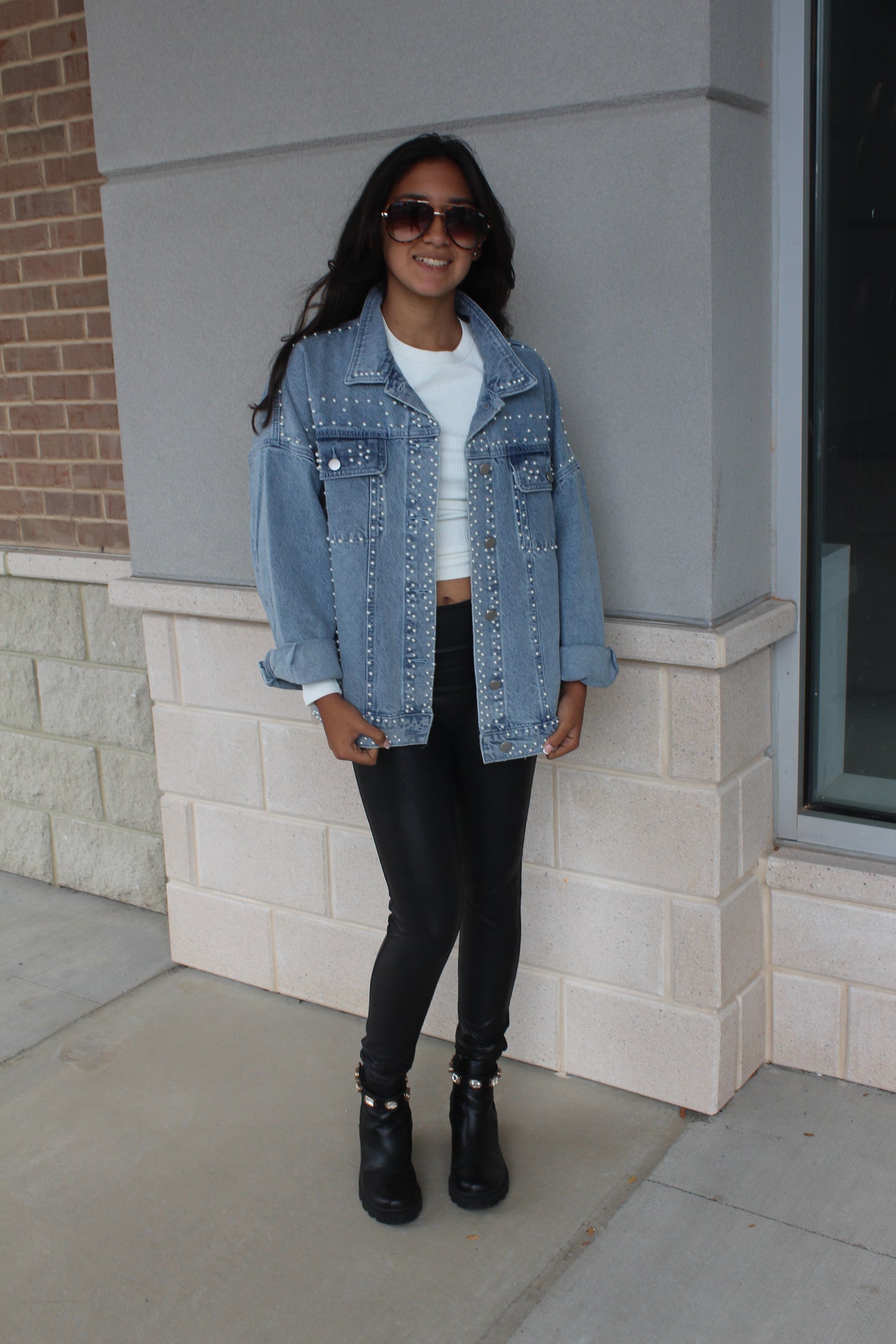 Oversized Pearl Studded Denim Jacket