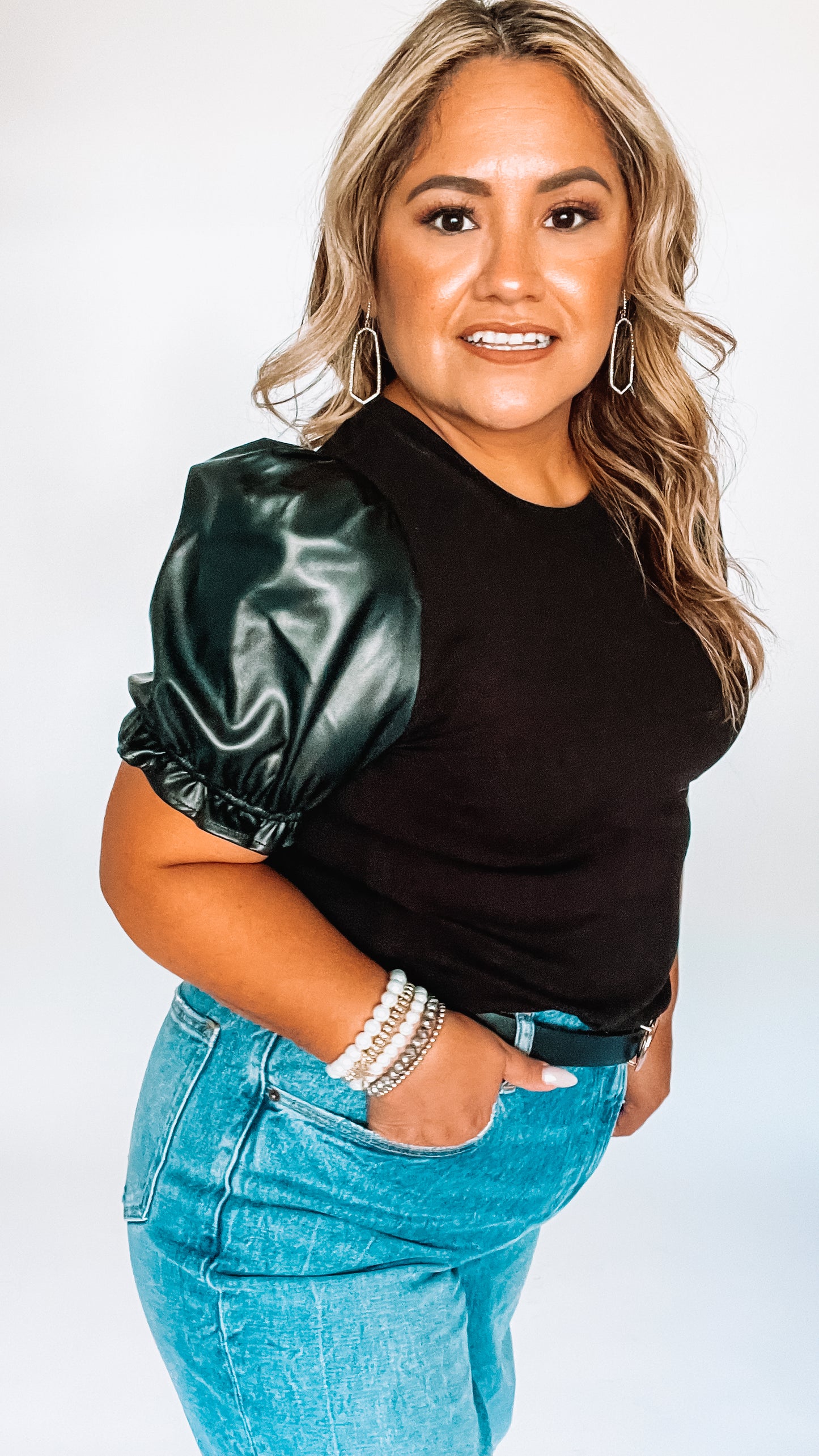 Faux Leather Puff Sleeve Knit Top