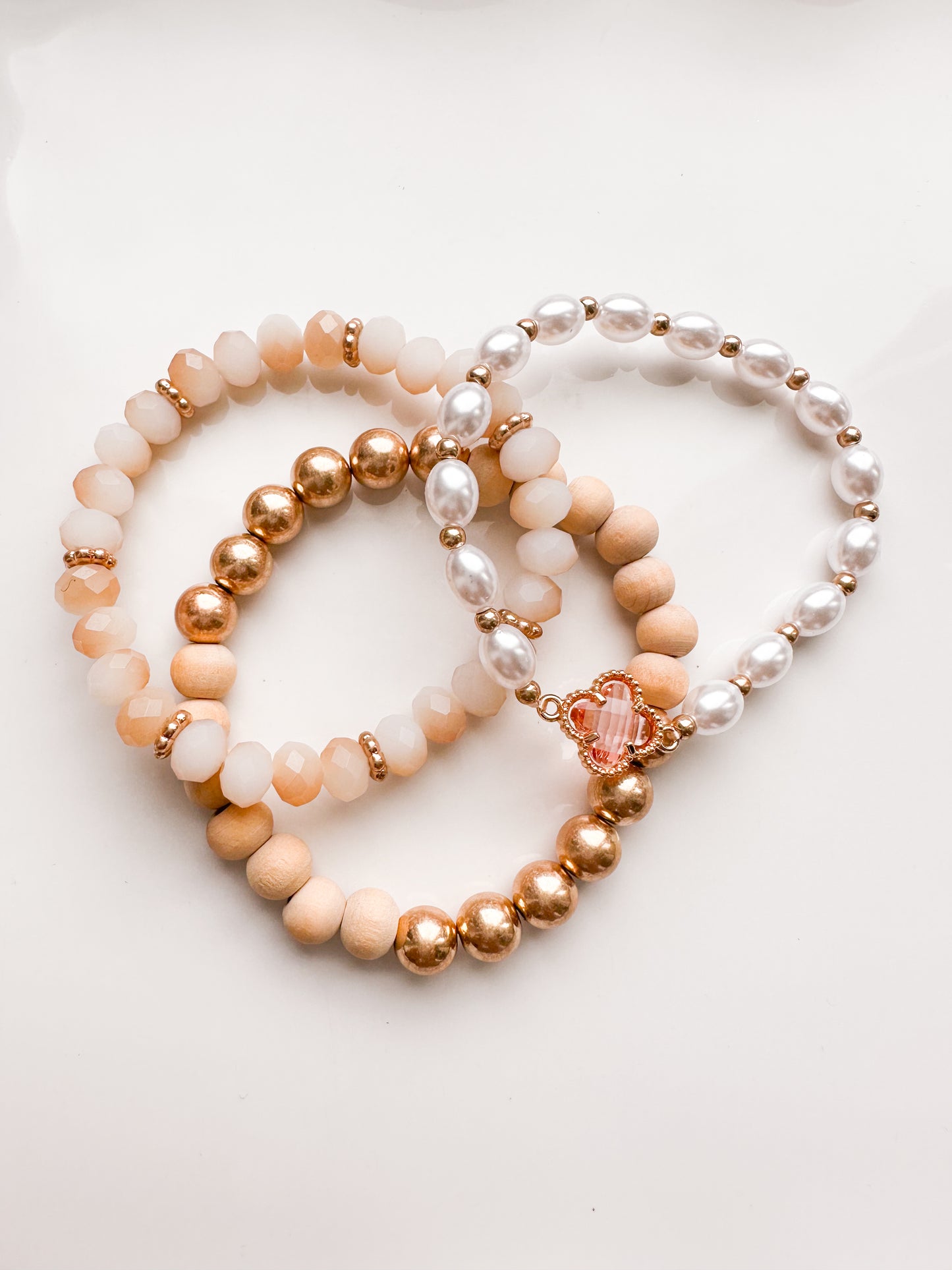 Neutral Wood Gold Beaded Bracelet Stack