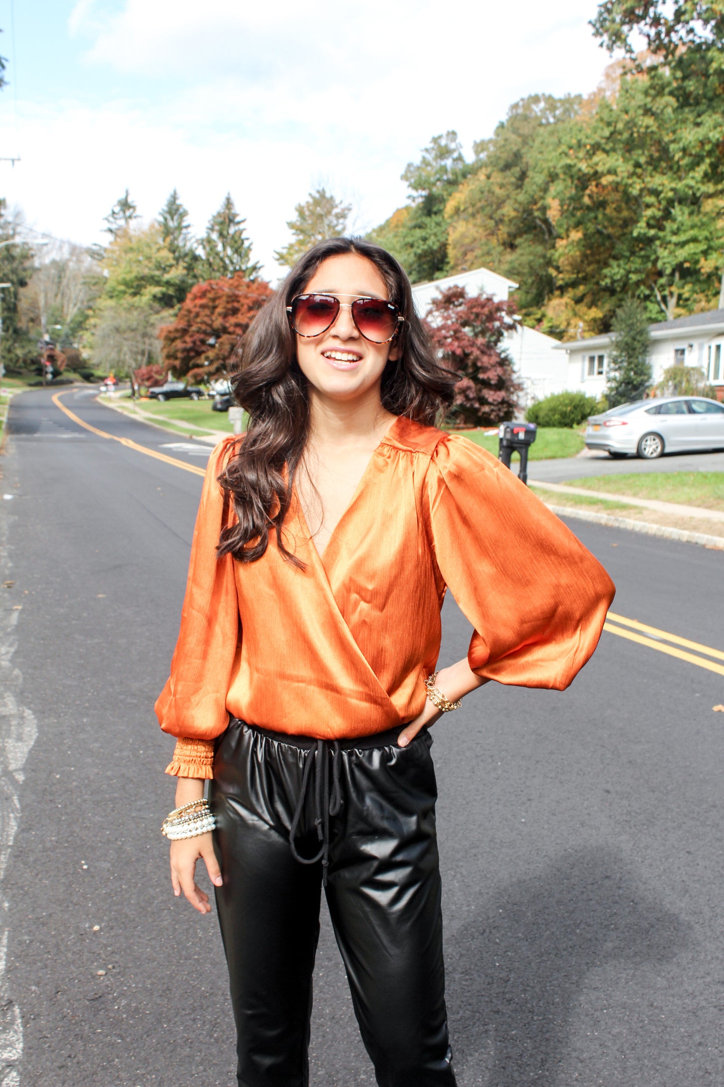 Orange Satin Bodysuit Blouse Top