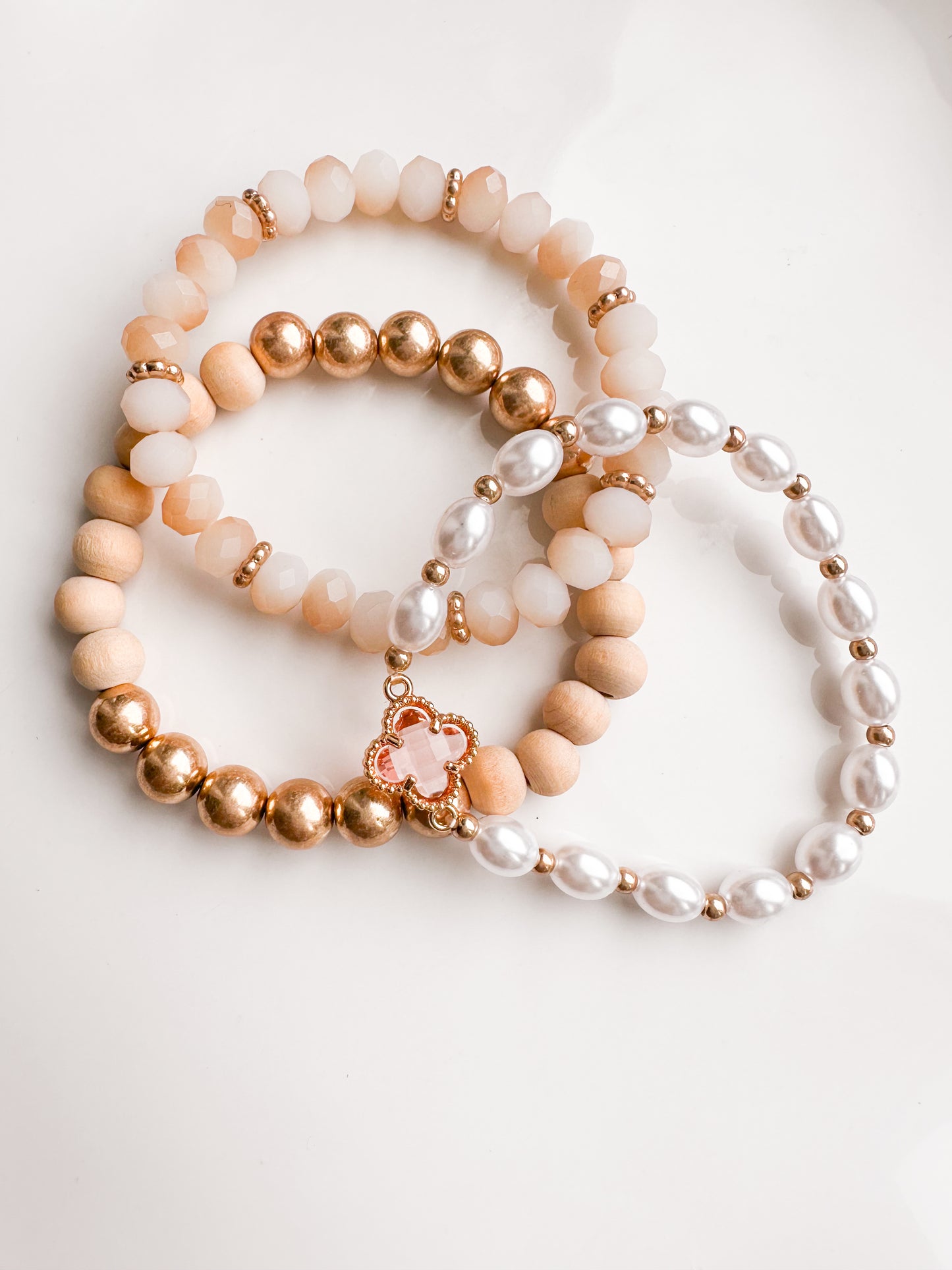 Neutral Wood Gold Beaded Bracelet Stack