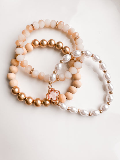 Neutral Wood Gold Beaded Bracelet Stack