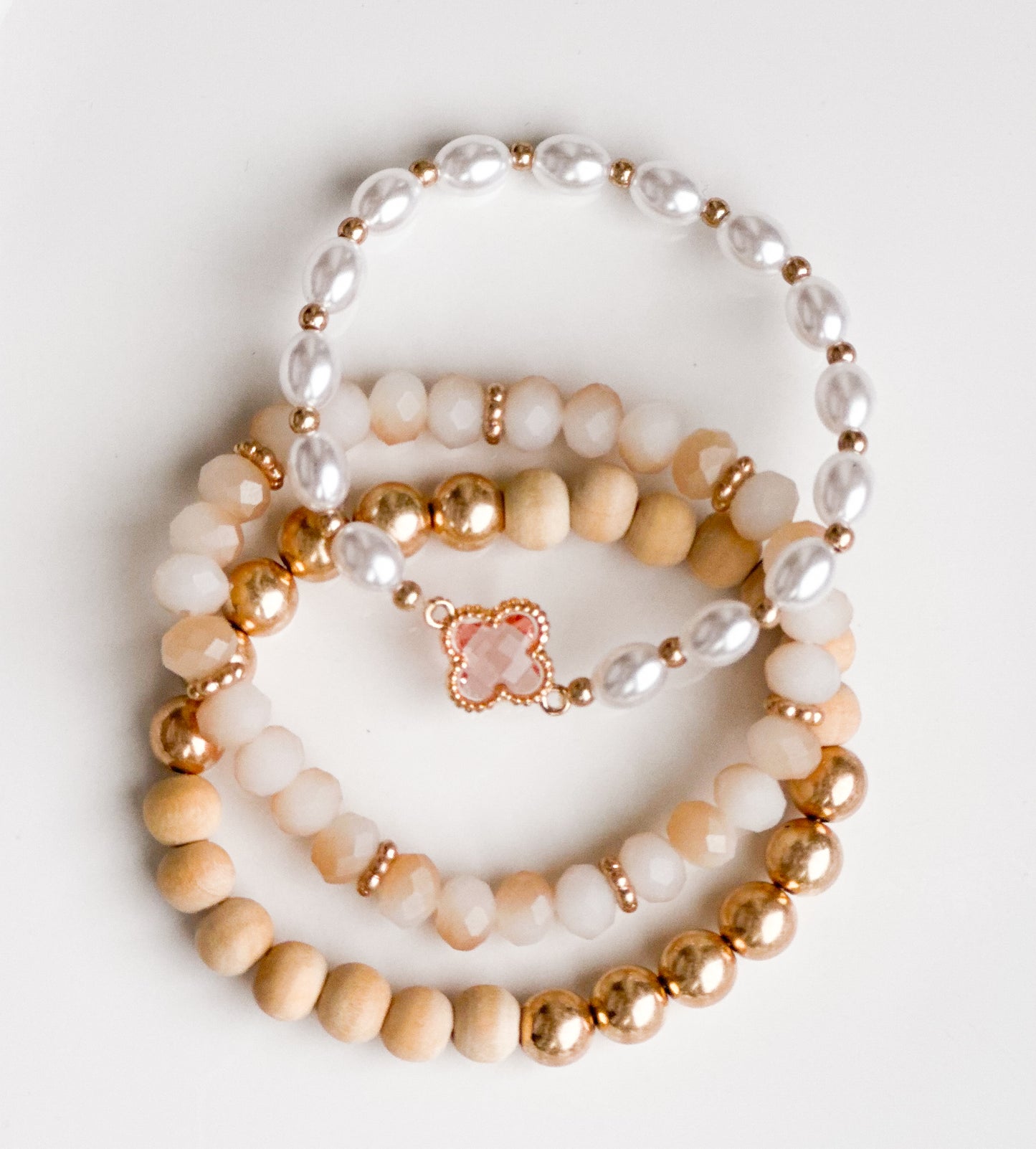 Neutral Wood Gold Beaded Bracelet Stack